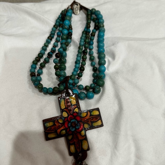 xoxo art Jewelry - Artisan Turquoise and Green Beaded Cross Necklace